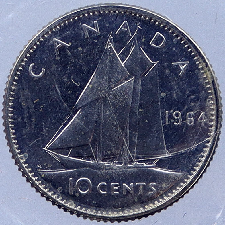 1964 CANADA Queen ELIZABETH II BLUENOSE SHIP Silver 10 Cents SILVER Coin i119014