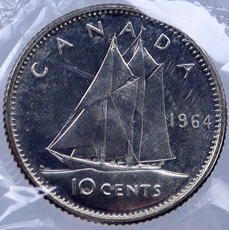 1964 CANADA Queen ELIZABETH II BLUENOSE SHIP Silver 10 Cents SILVER Coin i119029