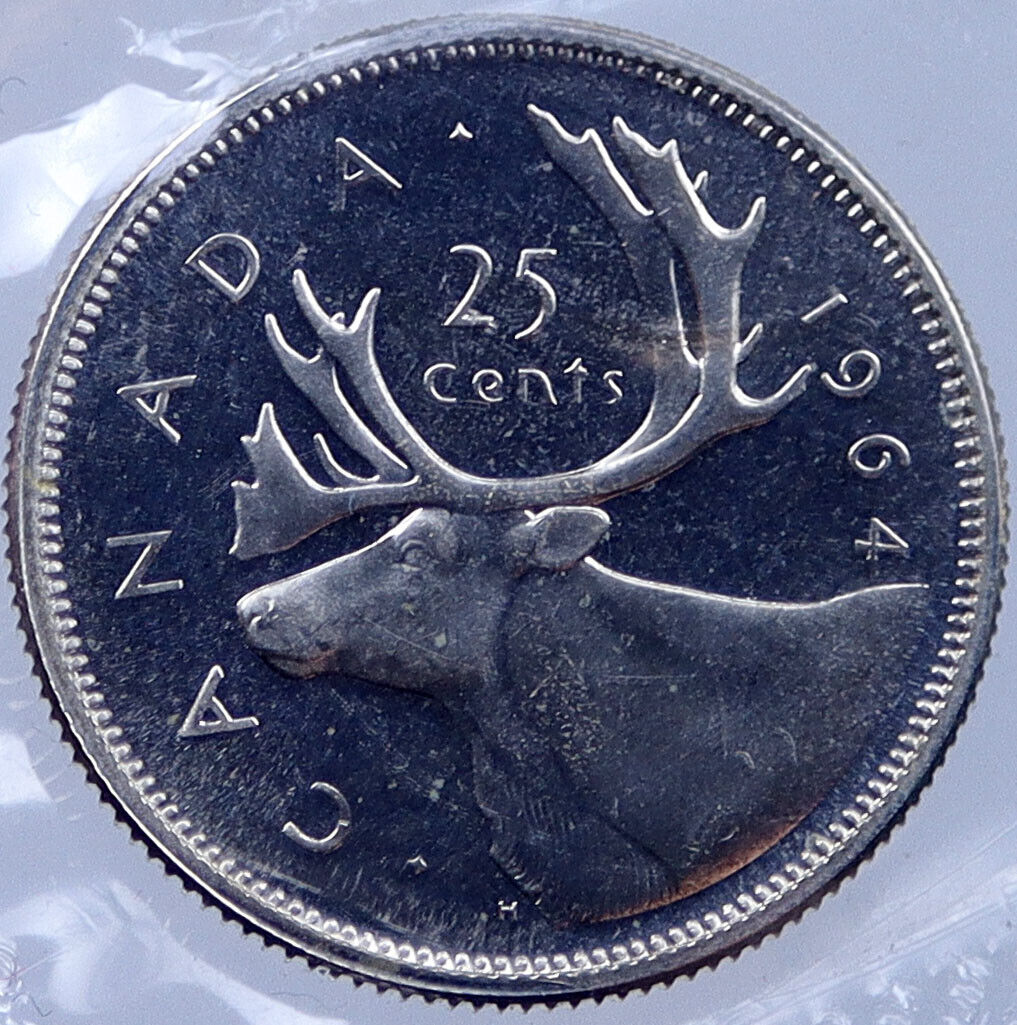 1964 CANADA United Kingdom UK Elizabeth II Silver 25 Cent Coin CARIBOU i119028