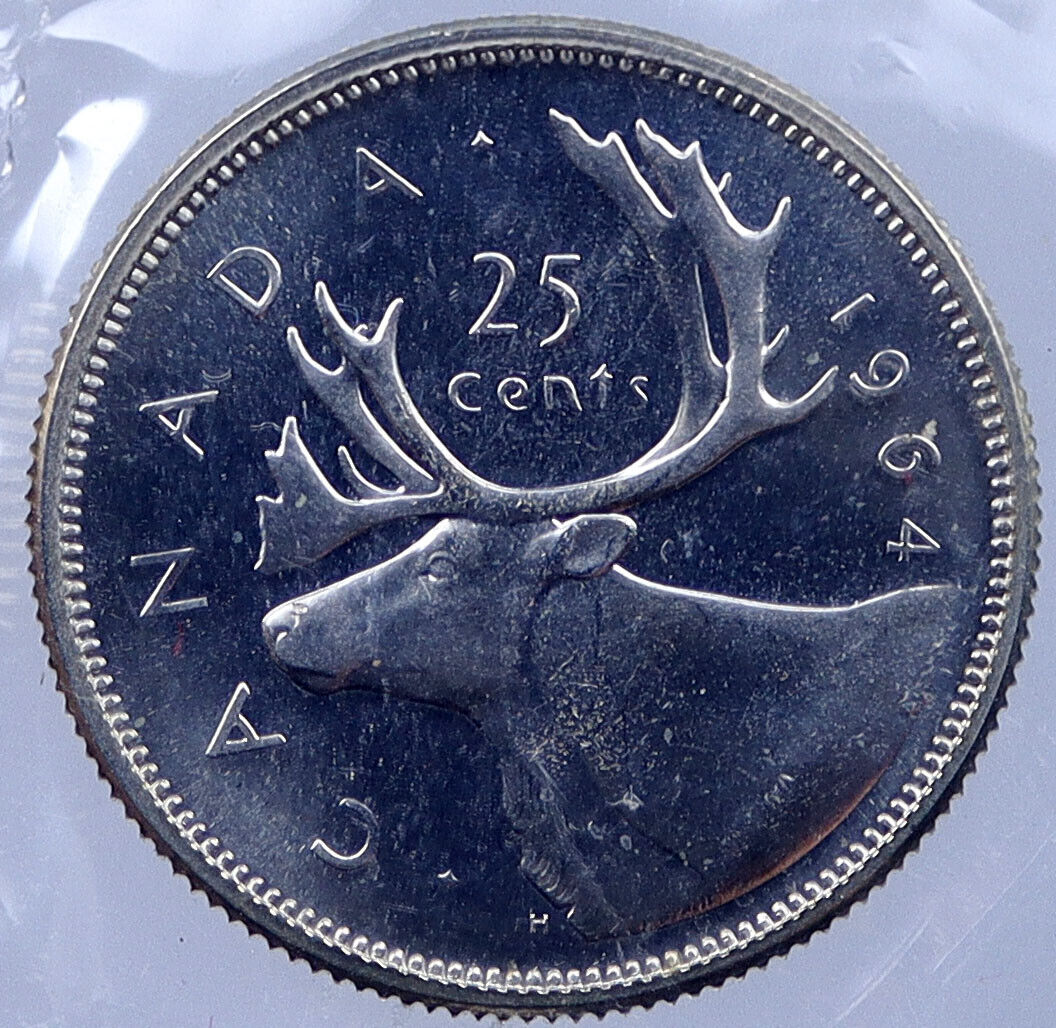 1964 CANADA Silver 25 Cents Canadian Coin UK Queen ELIZABETH II CARIBOU i119041