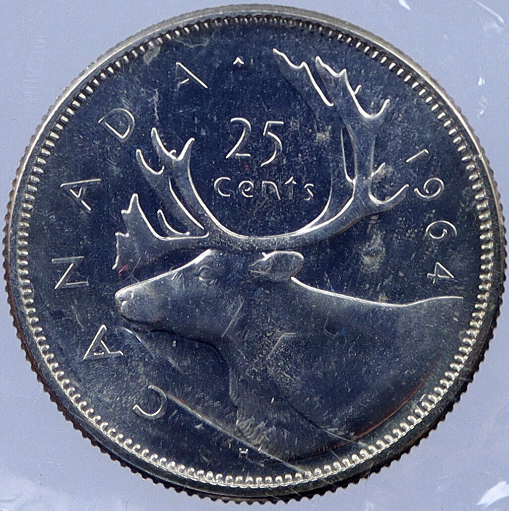 1964 CANADA Silver 25 Cents Canadian Coin UK Queen ELIZABETH II CARIBOU i119039