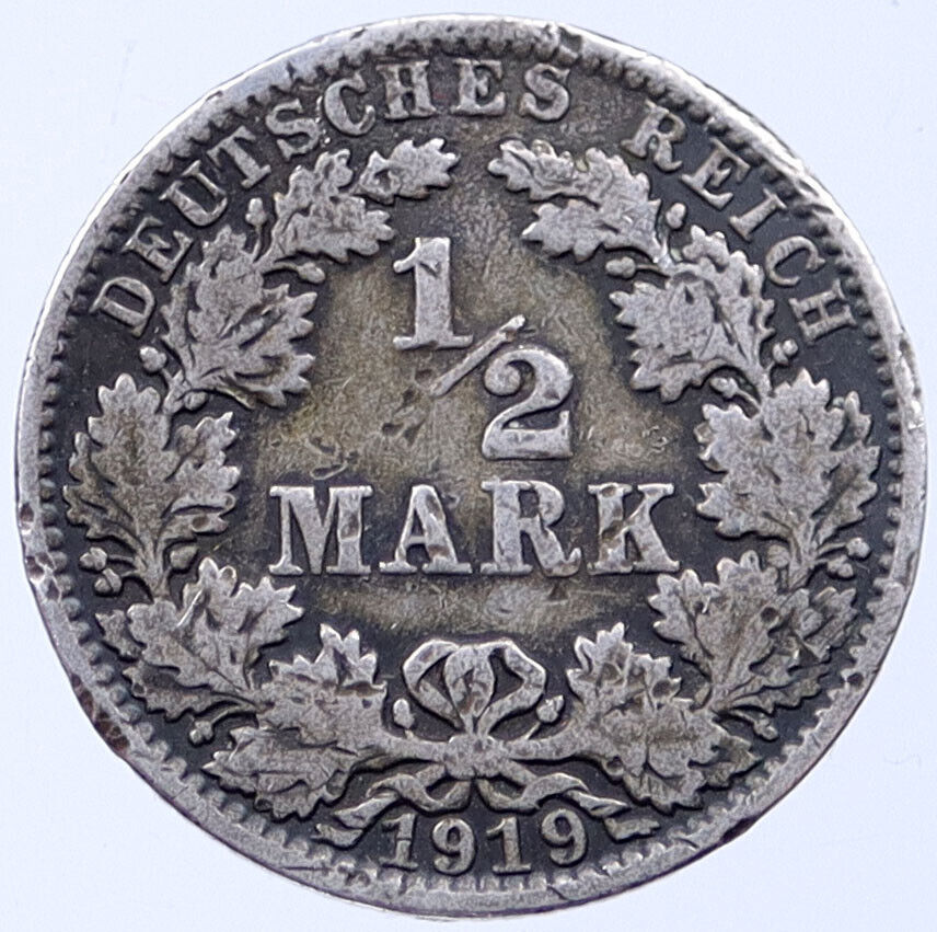 1919 GERMANY Silver 1/2 Mark Antique German Coin King Wilhelm II w EAGLE i119042
