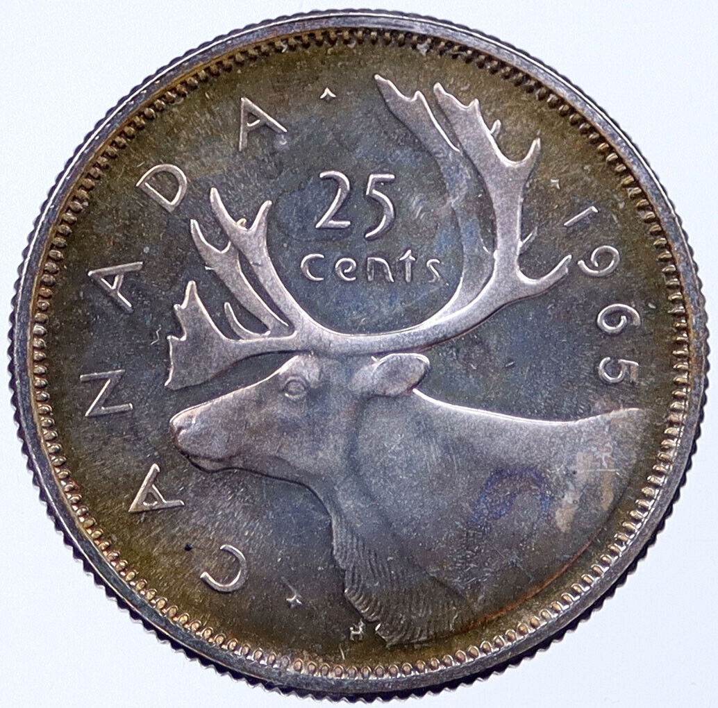 1965 CANADA under UK Queen ELIZABETH II Silver 25 Cent Coin CARIBOU i119034