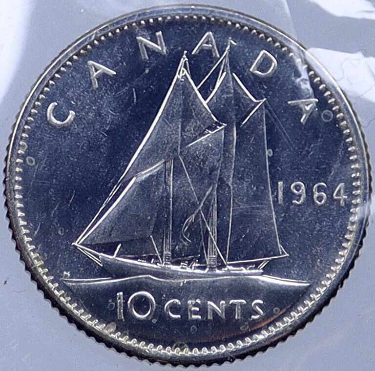 1964 CANADA Queen ELIZABETH II BLUENOSE SHIP Silver 10 Cents SILVER Coin i119031