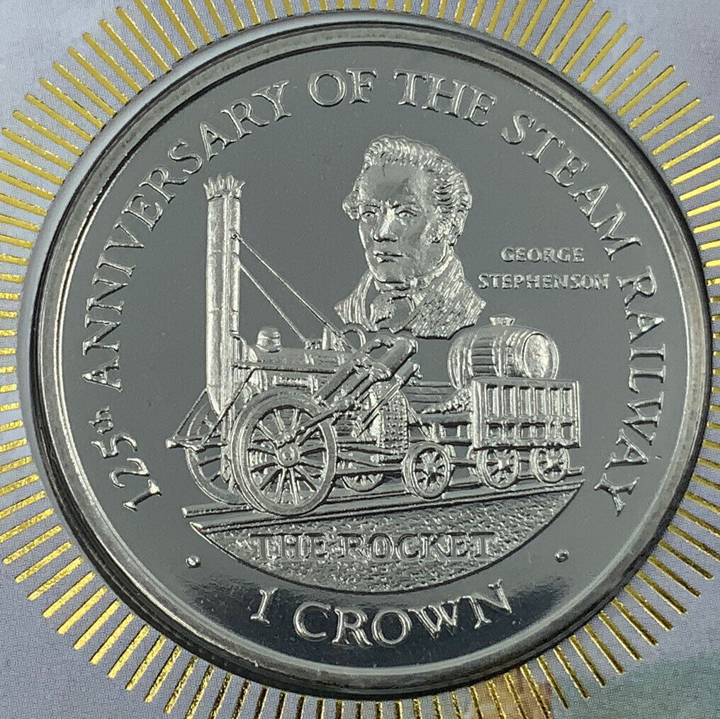 1998 ISLE OF MAN UK George Stephenson The Rocket Train Old Crown Coin i114439