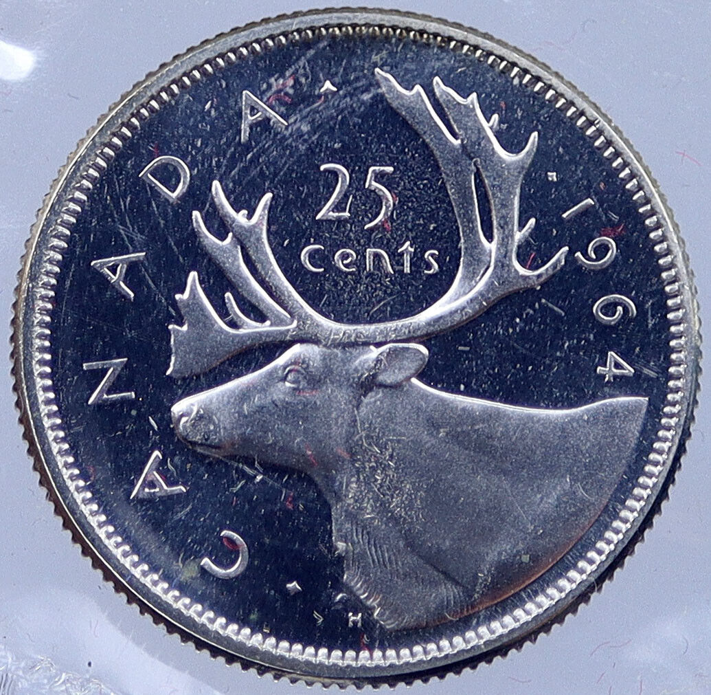 1964 CANADA Silver 25 Cents Canadian Coin UK Queen ELIZABETH II CARIBOU i119052