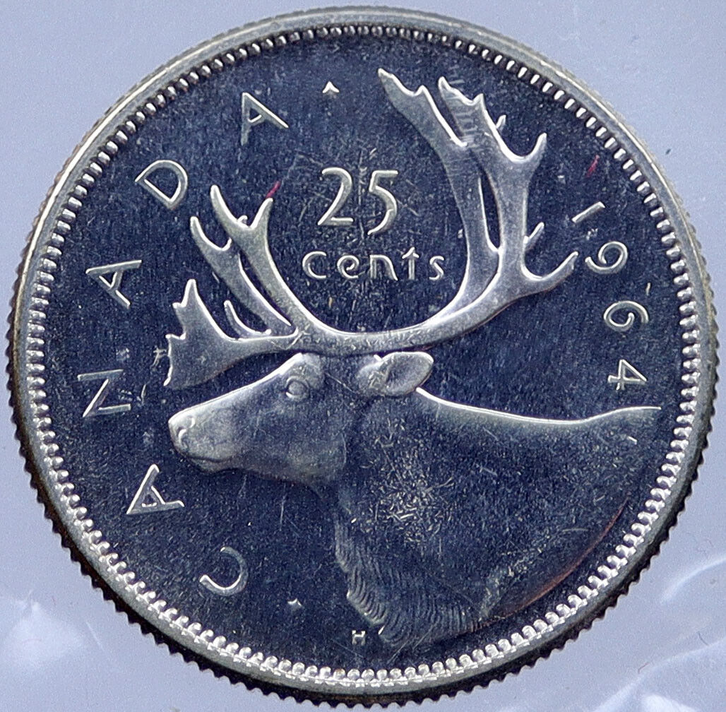 1964 CANADA Silver 25 Cents Canadian Coin UK Queen ELIZABETH II CARIBOU i119051