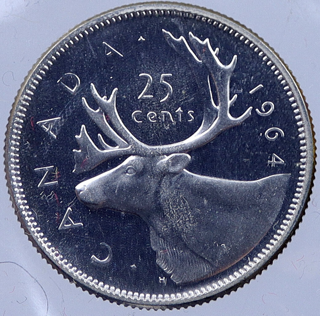 1964 CANADA Silver 25 Cents Canadian Coin UK Queen ELIZABETH II CARIBOU i119050