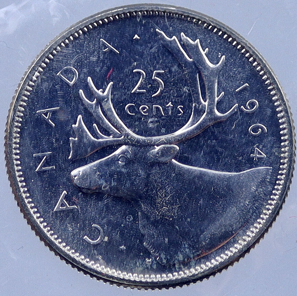 1964 CANADA United Kingdom UK Elizabeth II Silver 25 Cent Coin CARIBOU i119054
