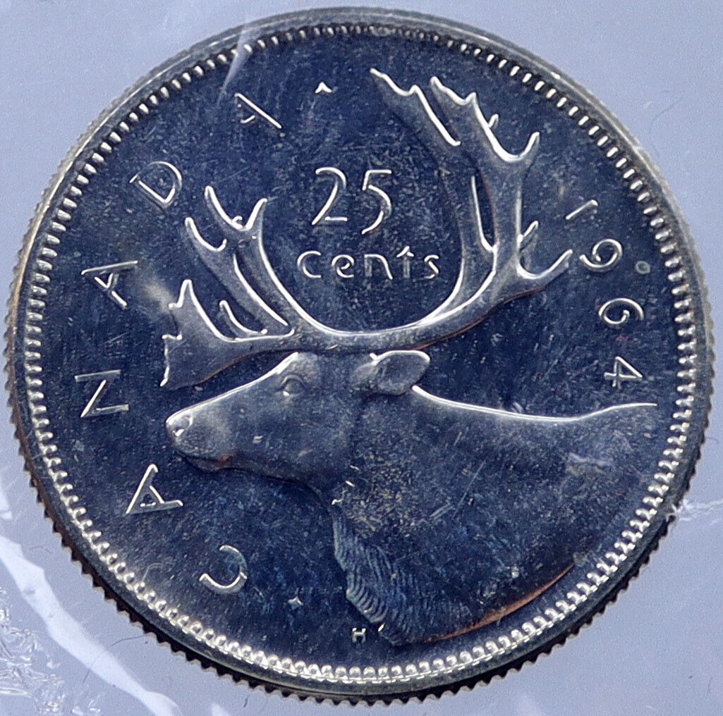 1964 CANADA Silver 25 Cents Canadian Coin UK Queen ELIZABETH II CARIBOU i119064
