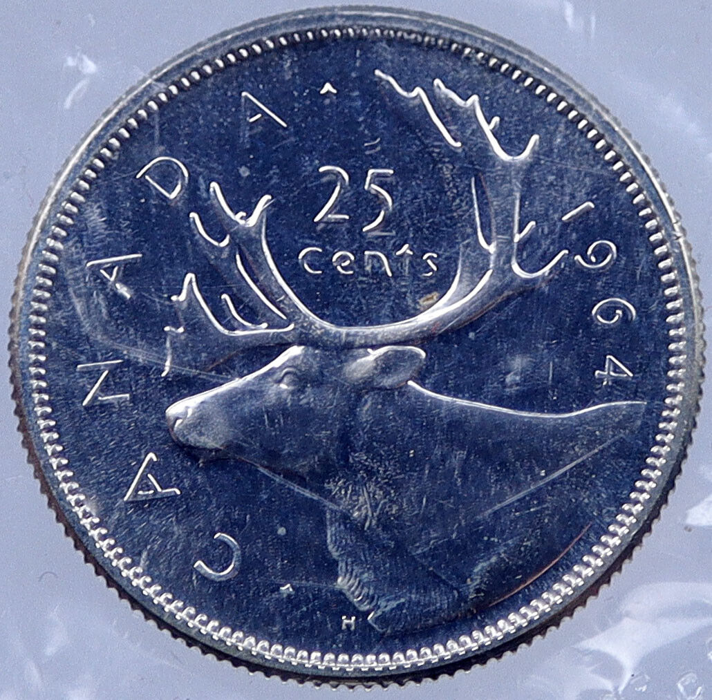 1964 CANADA Silver 25 Cents Canadian Coin UK Queen ELIZABETH II CARIBOU i119065