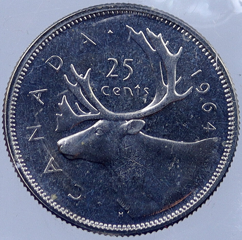 1964 CANADA Silver 25 Cents Canadian Coin UK Queen ELIZABETH II CARIBOU i119105