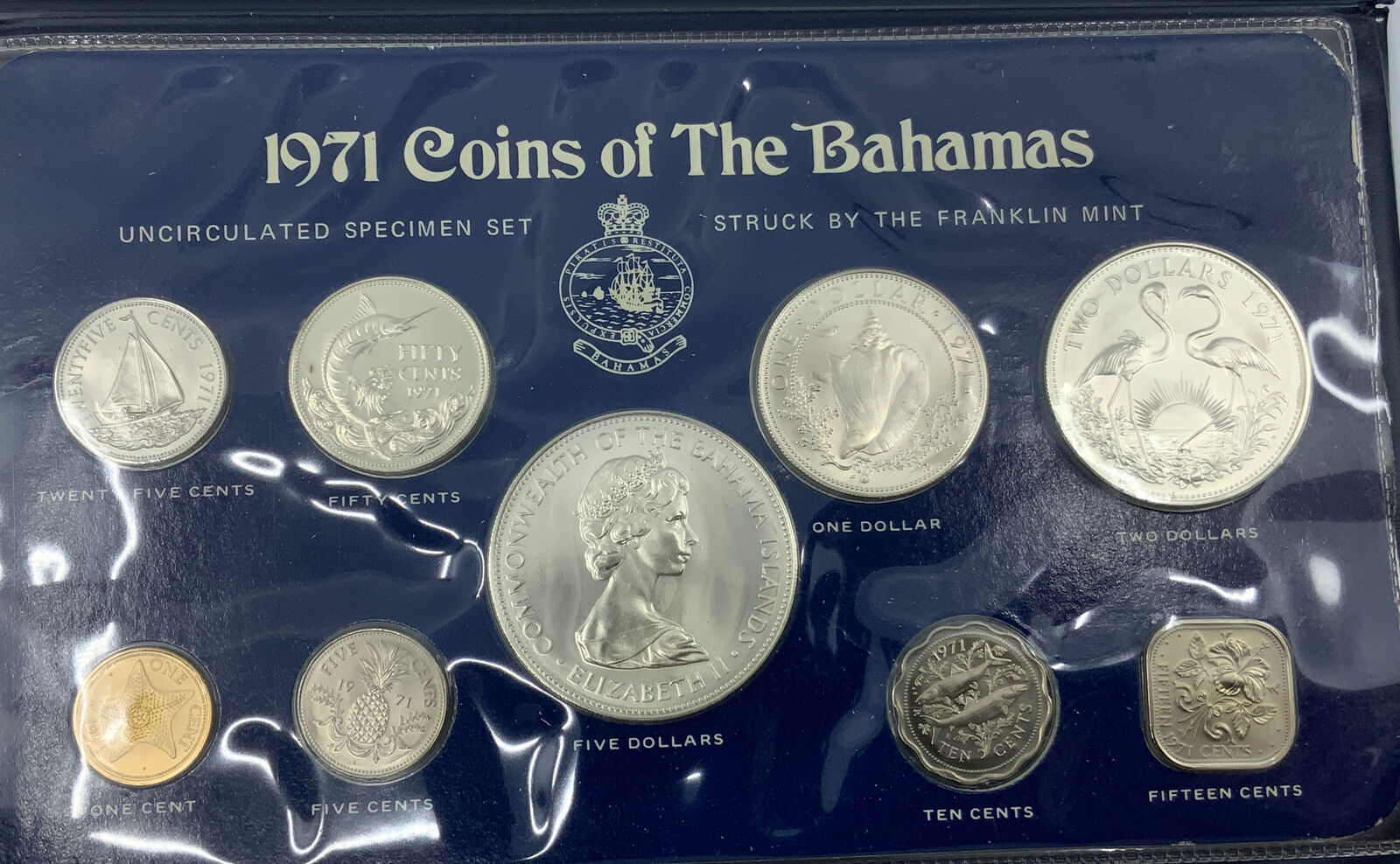 1971 BAHAMAS UK Queen Elizabeth II Shell Marlin 9 Coin Set 5 are Silver i114537