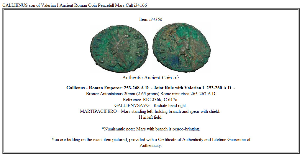 GALLIENUS son of Valerian I Ancient Roman Coin Peacefull Mars Cult i34166