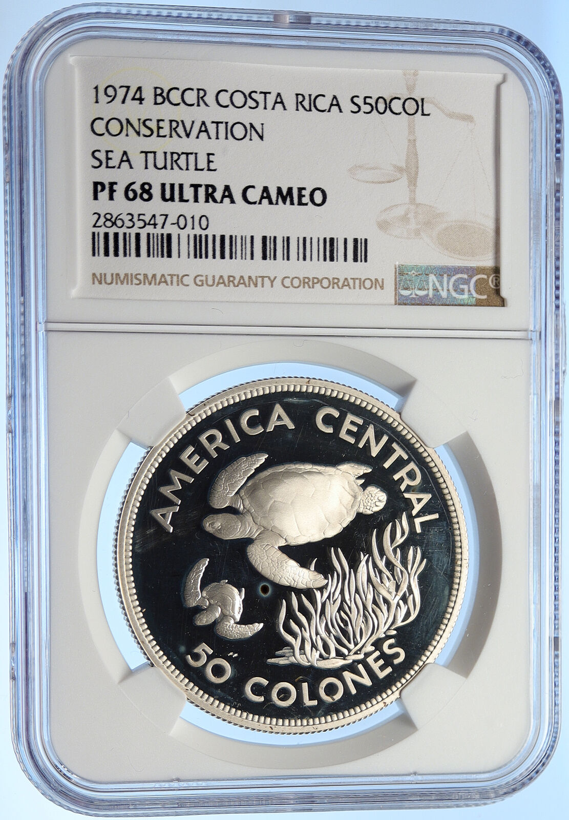 1974 COSTA RICA Conservation Sea Turtle OLD Silver 50 Colones NGC Coin i106285