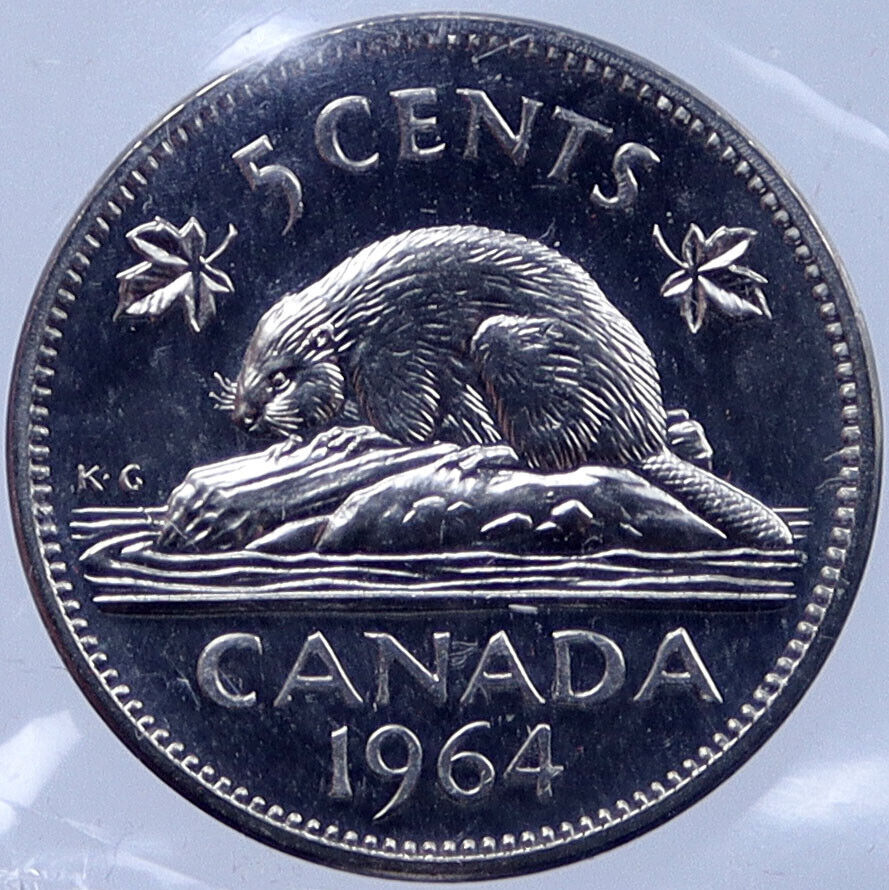 1964 CANADA Prooflike 5 Cents Coin UK Queen ELIZABETH II Canadian Beaver i119173