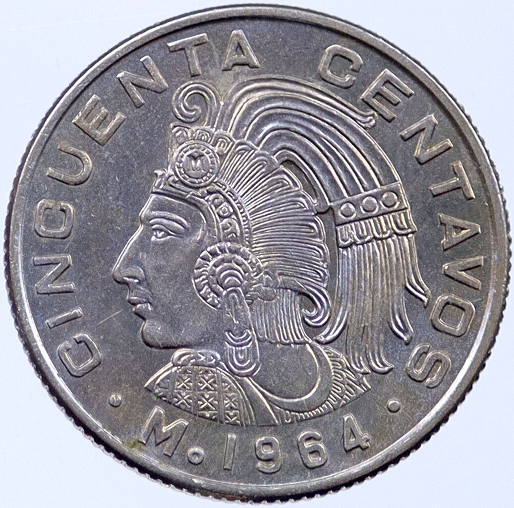 1964 MEXICO 50 Centavos w AZTEC Emperor Cuauhtemoc Vintage Mexican Coin i119184