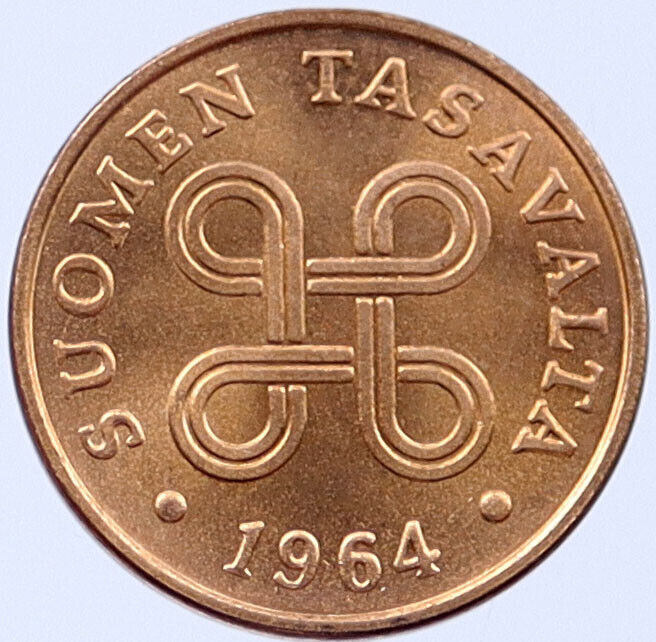 1964 FINLAND 1 Penni Saint Hannes Luck Cross Finnish Scandanavian Coin i119187