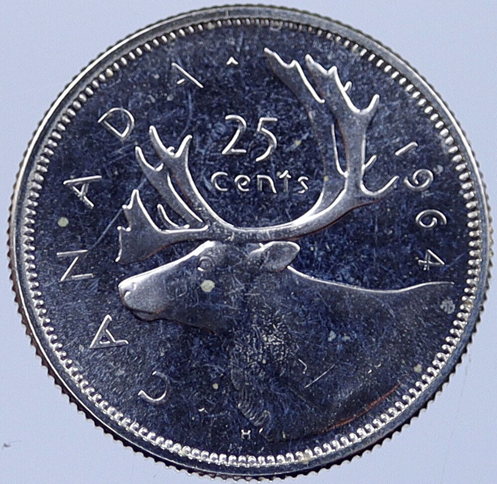 1964 CANADA Silver 25 Cents Canadian Coin UK Queen ELIZABETH II CARIBOU i119195