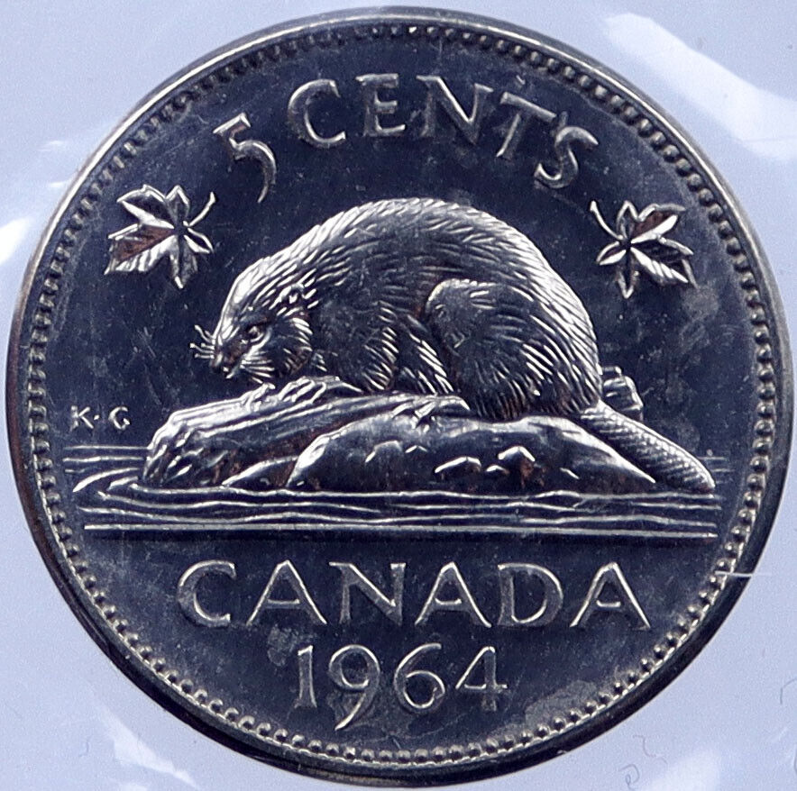 1964 CANADA Prooflike 5 Cents Coin UK Queen ELIZABETH II Canadian Beaver i119205