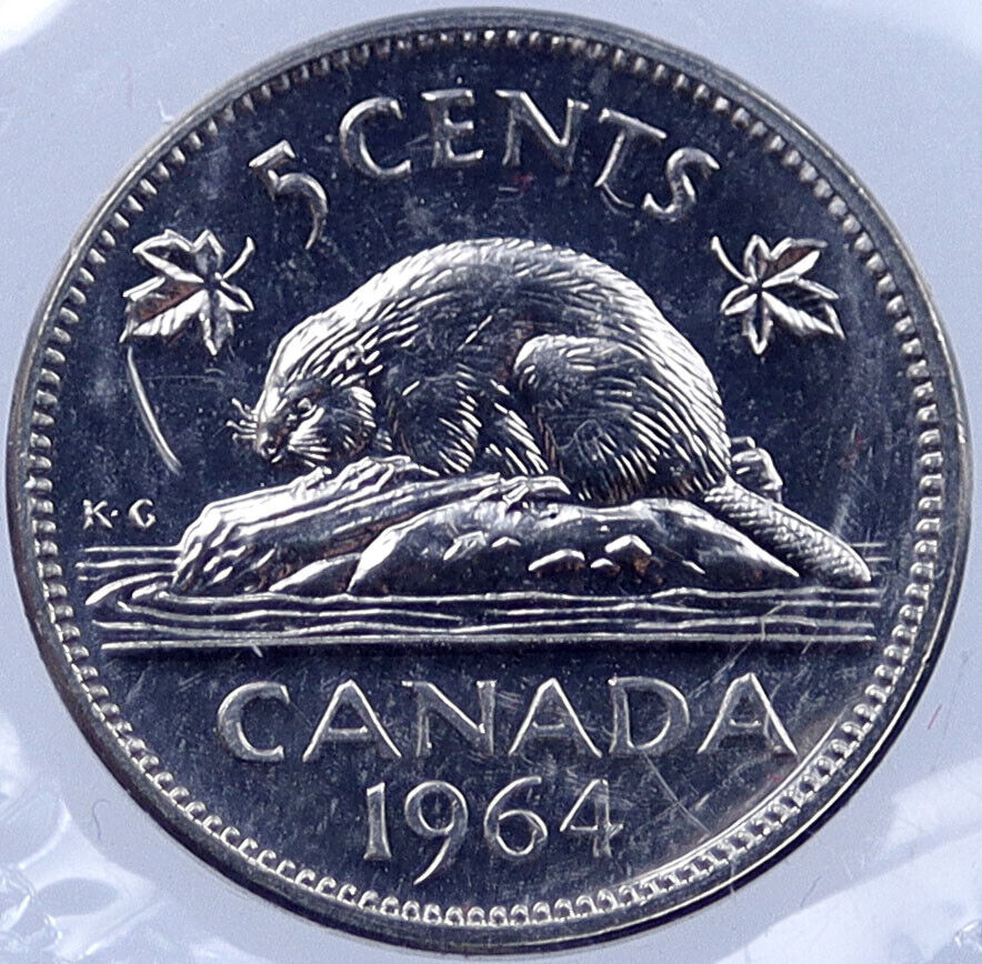 1964 CANADA Prooflike 5 Cents Coin UK Queen ELIZABETH II Canadian Beaver i119207