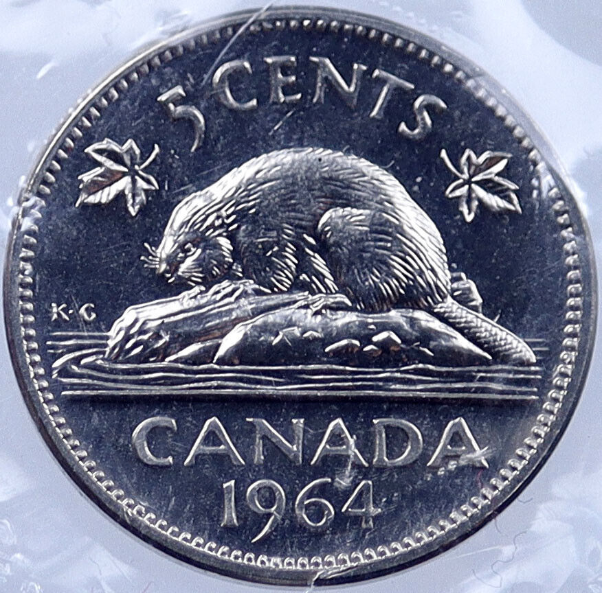 1964 CANADA Prooflike 5 Cents Coin UK Queen ELIZABETH II Canadian Beaver i119206