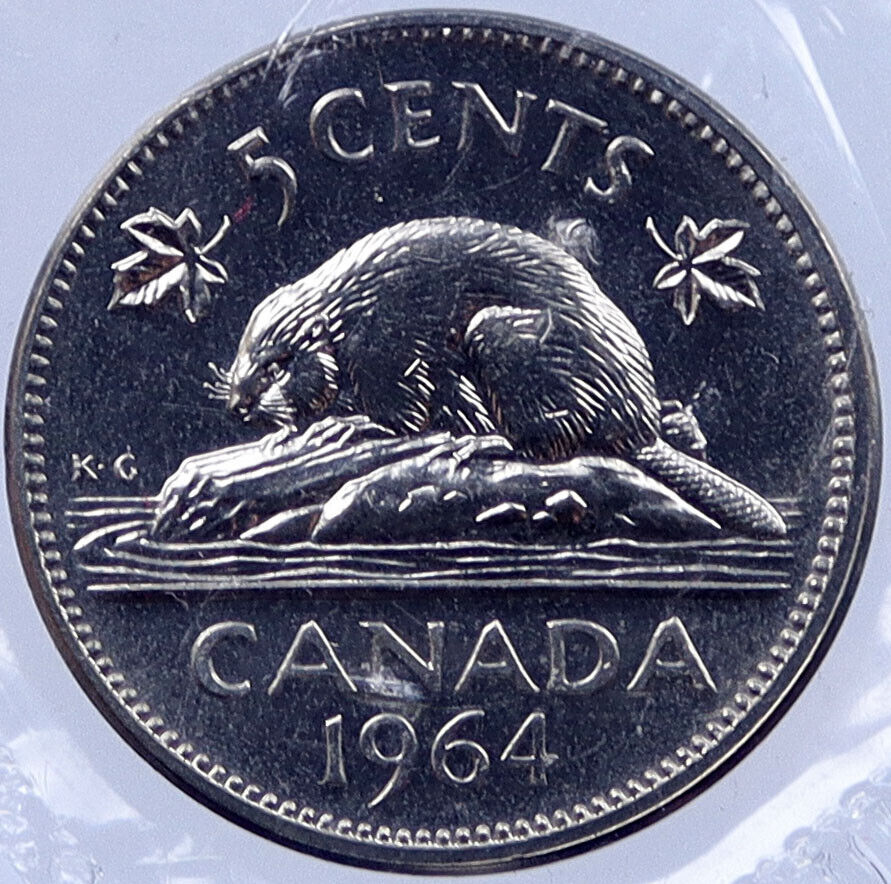 1964 CANADA Prooflike 5 Cents Coin UK Queen ELIZABETH II Canadian Beaver i119209