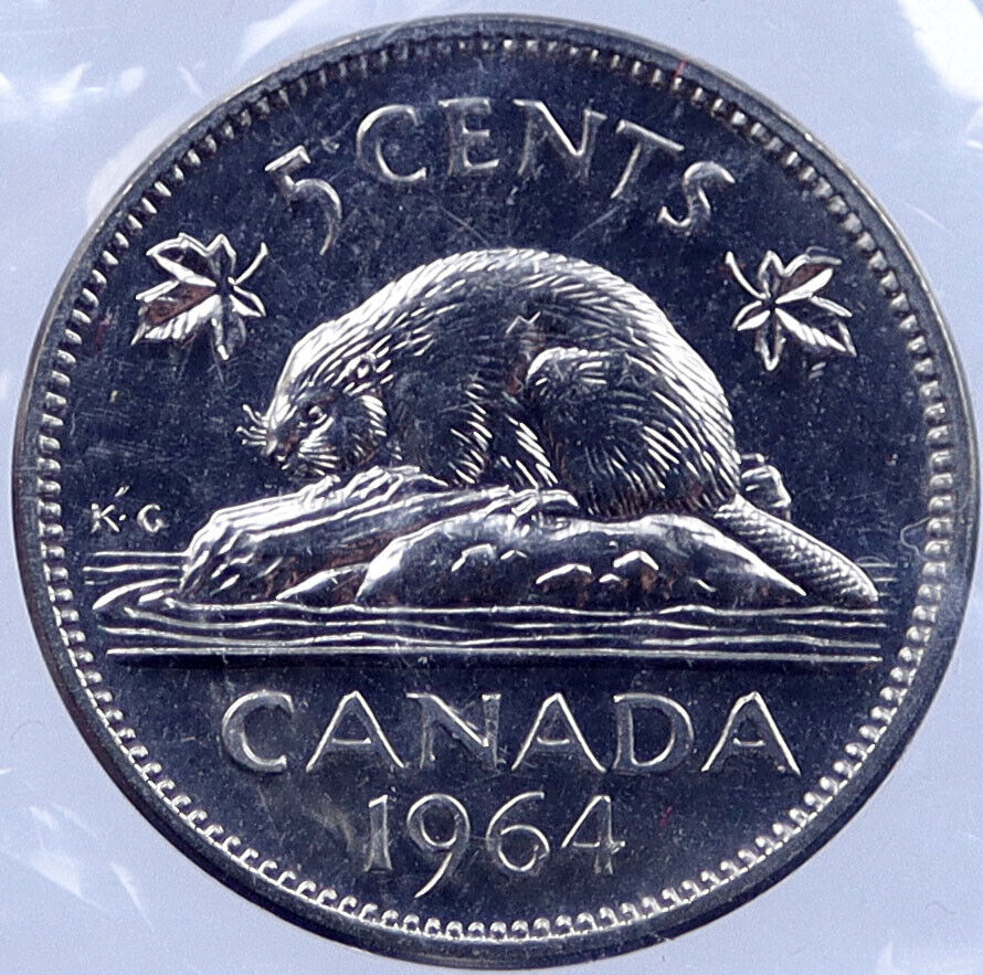 1964 CANADA Prooflike 5 Cents Coin UK Queen ELIZABETH II Canadian Beaver i119208
