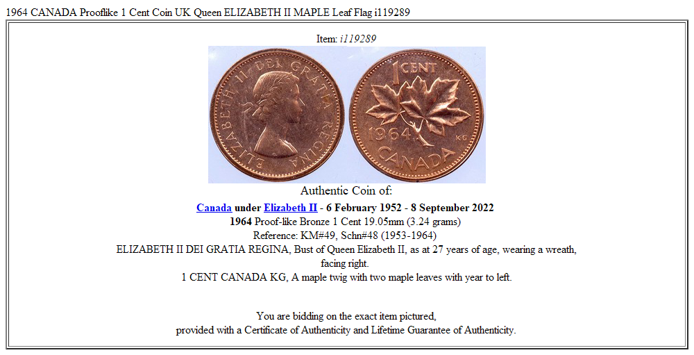 1964 CANADA Prooflike 1 Cent Coin UK Queen ELIZABETH II MAPLE Leaf Flag i119289