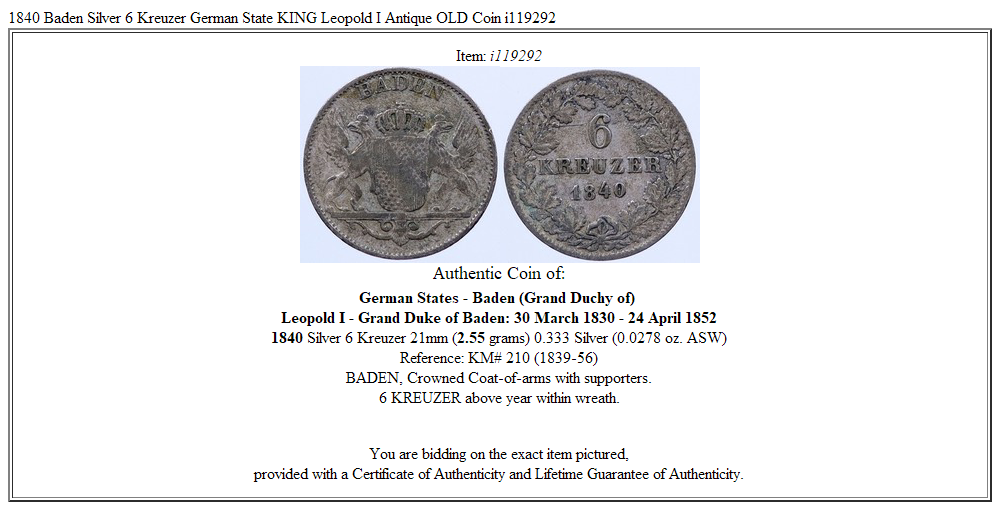 1840 Baden Silver 6 Kreuzer German State KING Leopold I Antique OLD Coin i119292