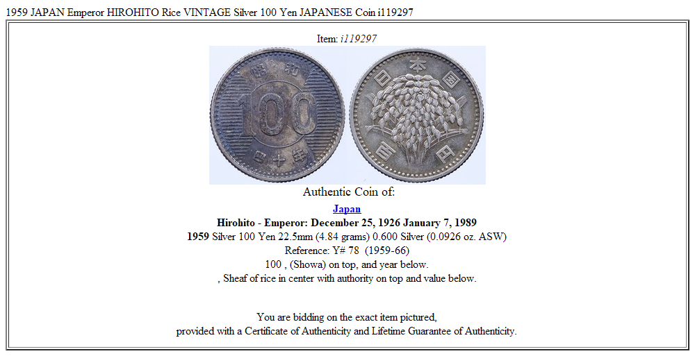 1959 JAPAN Emperor HIROHITO Rice VINTAGE Silver 100 Yen JAPANESE Coin i119297