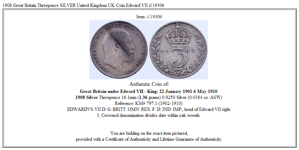 1908 Great Britain Threepence SILVER United Kingdom UK Coin Edward VII i119306