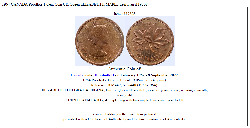 1964 CANADA Prooflike 1 Cent Coin UK Queen ELIZABETH II MAPLE Leaf Flag i119308