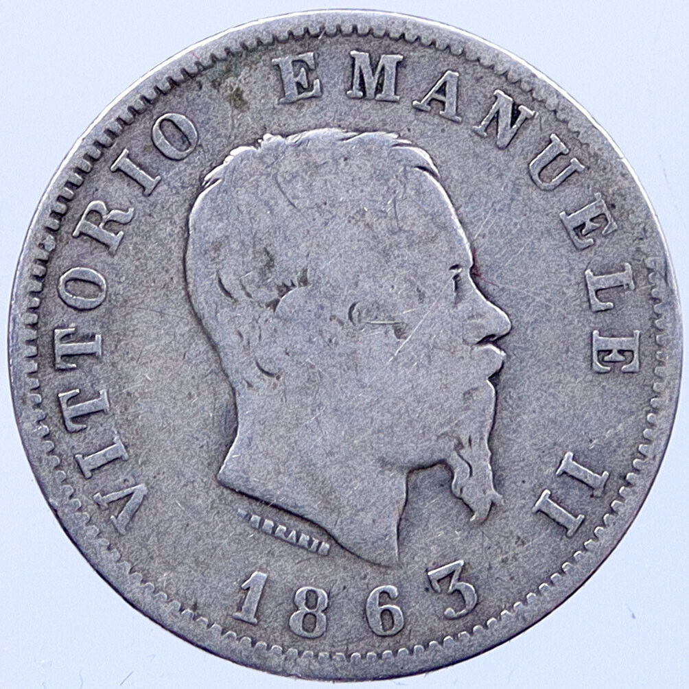 1863 ITALY Silver 1 Lira VICTOR EMMANUEL II Antique Italian Coin SHIELD i119286