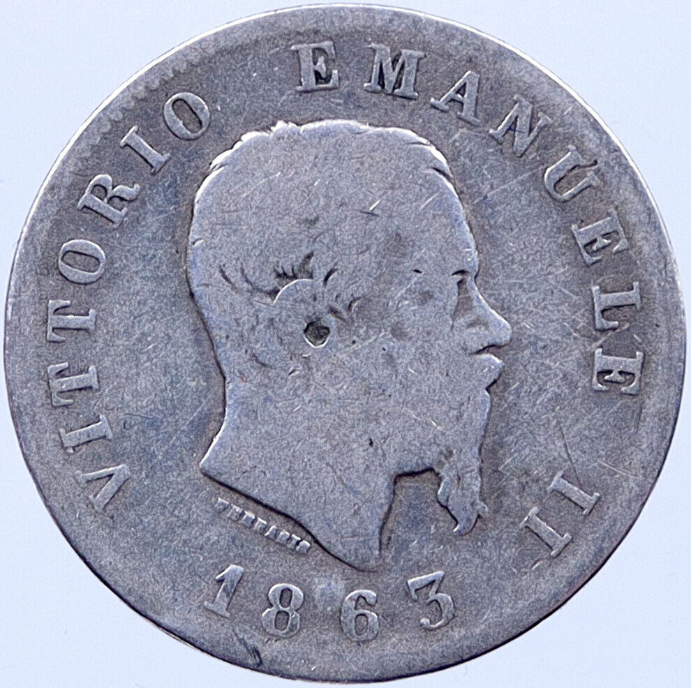 1863 ITALY Silver 1 Lira VICTOR EMMANUEL II Antique Italian Coin SHIELD i119296