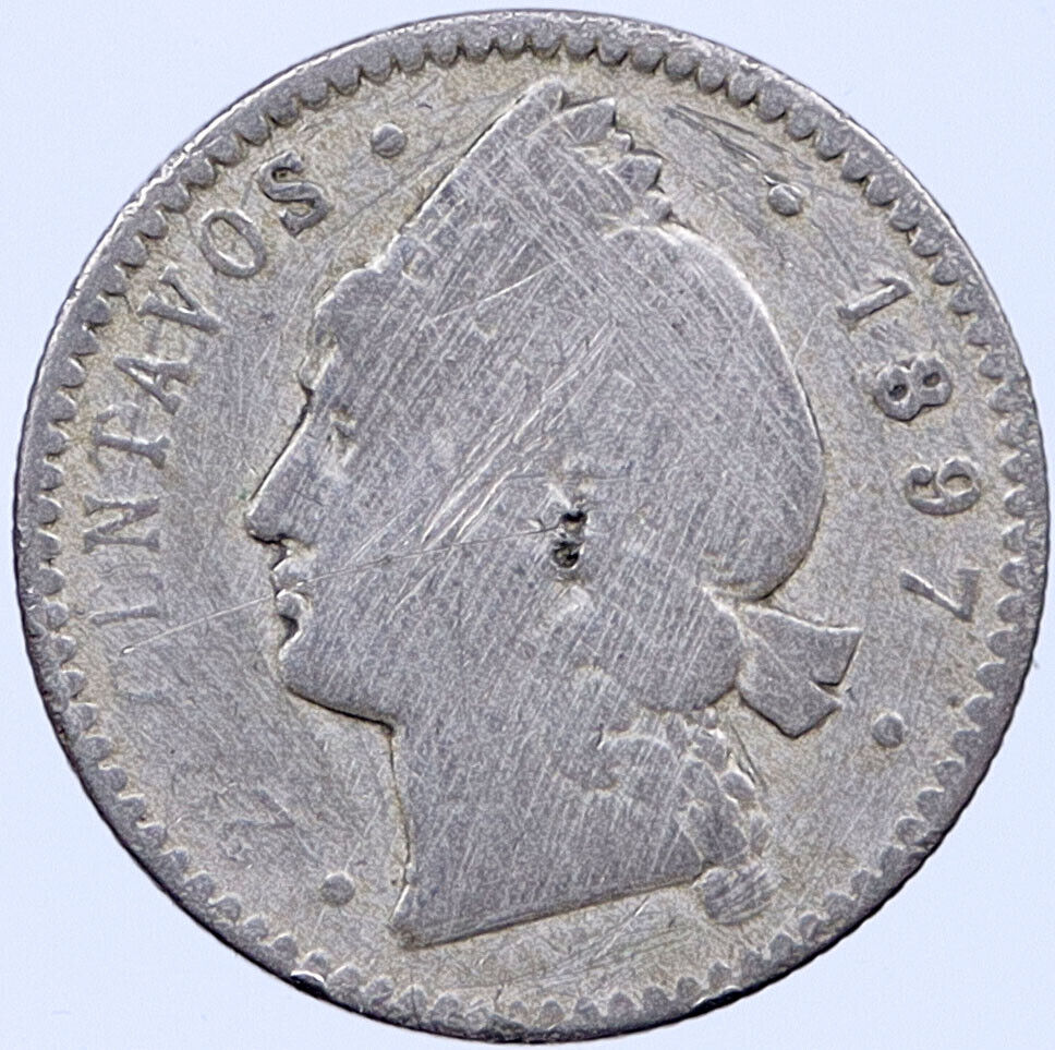 1897 A DOMINICAN REPUBLIC Woman of Liberty OLD Silver 20 Centavos Coin i119299