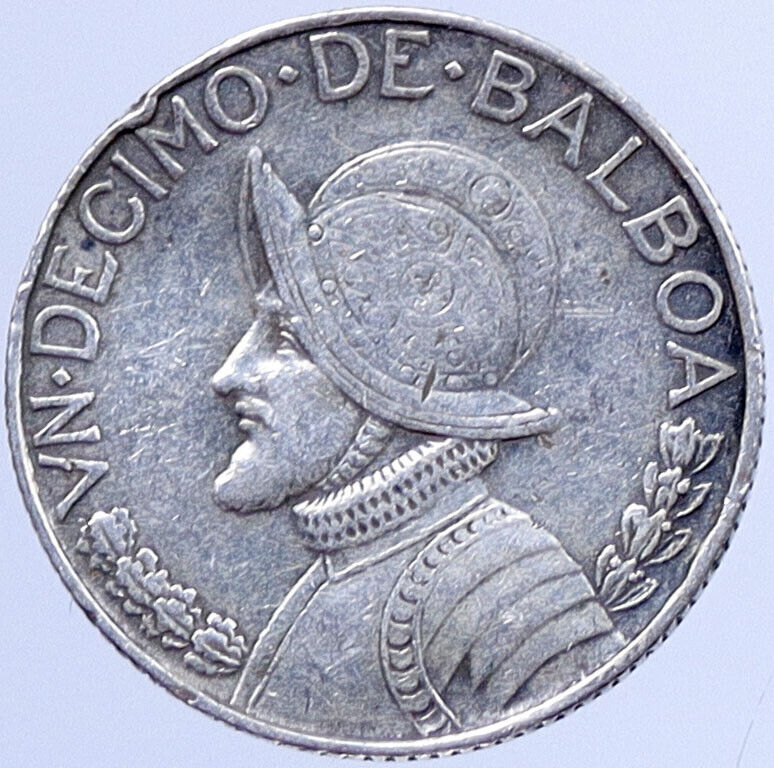 1962 PANAMA Silver 1/10 Balboa Antique Silver Panamian Conquistador Coin i119320
