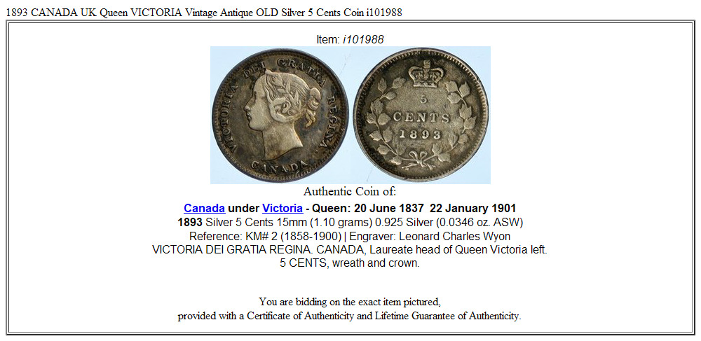 1893 CANADA UK Queen VICTORIA Vintage Antique OLD Silver 5 Cents Coin i101988