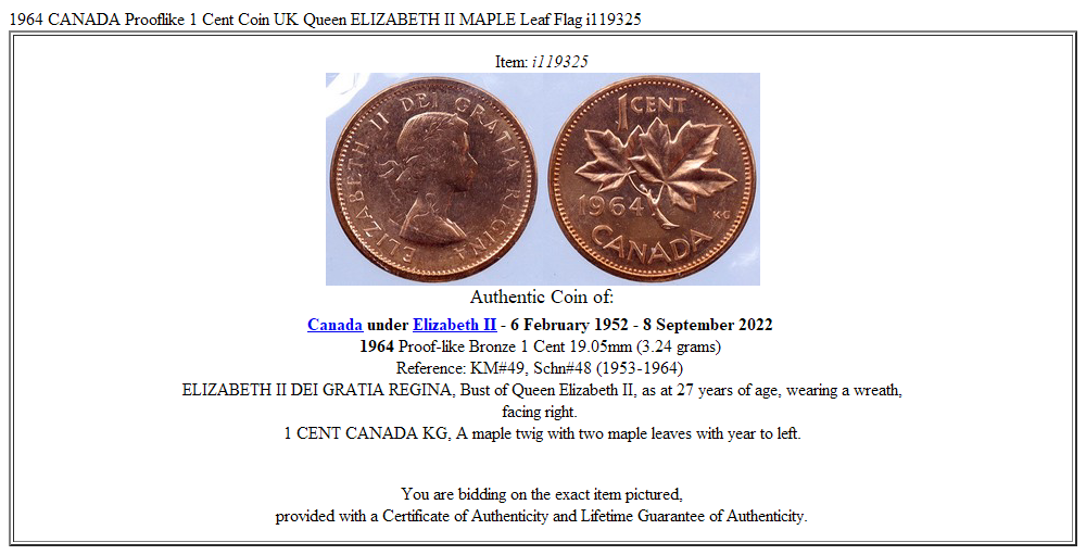 1964 CANADA Prooflike 1 Cent Coin UK Queen ELIZABETH II MAPLE Leaf Flag i119325