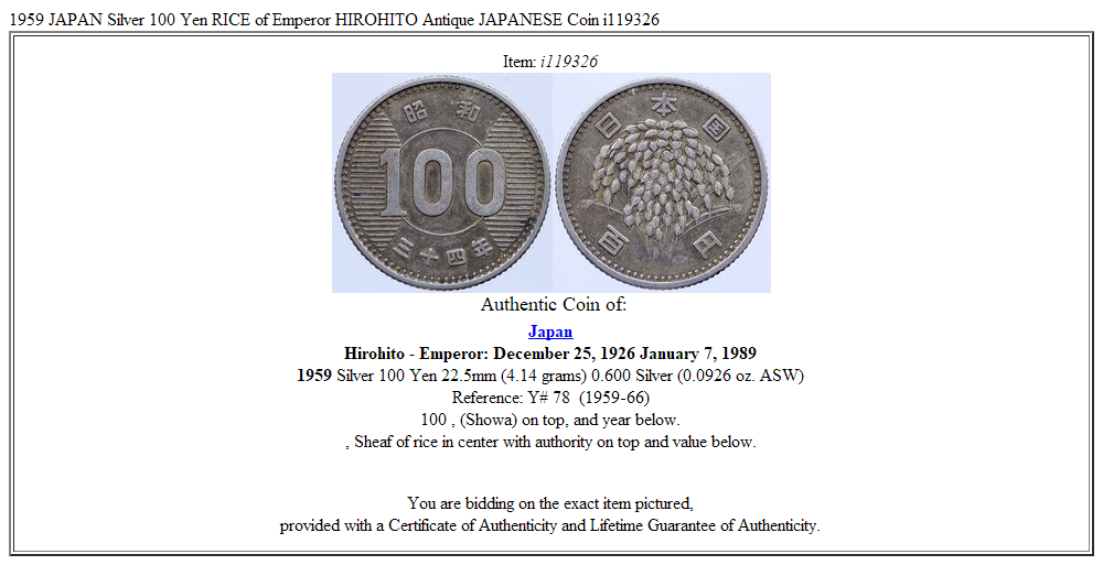 1959 JAPAN Silver 100 Yen RICE of Emperor HIROHITO Antique JAPANESE Coin i119326