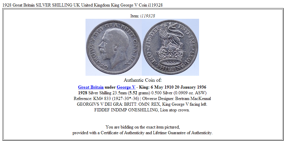 1928 Great Britain SILVER SHILLING UK United Kingdom King George V Coin i119328