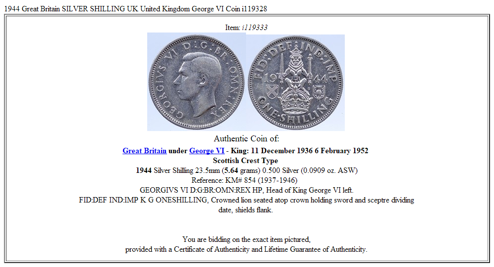 1944 Great Britain SILVER SHILLING UK United Kingdom George VI Coin i119328