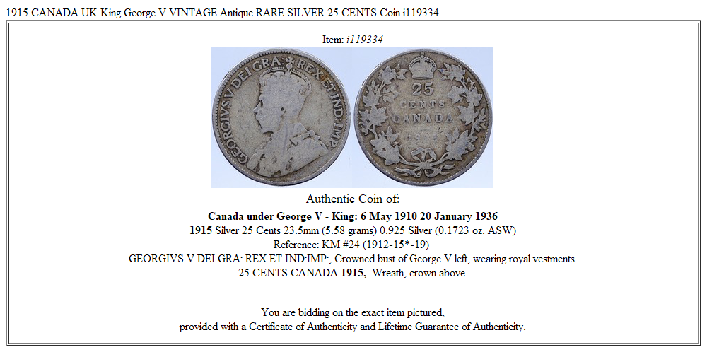 1915 CANADA UK King George V VINTAGE Antique RARE SILVER 25 CENTS Coin i119334