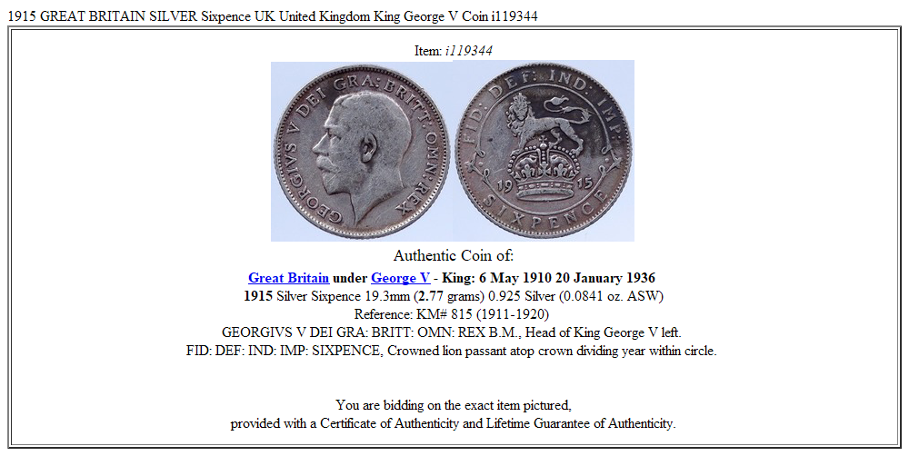 1915 GREAT BRITAIN SILVER Sixpence UK United Kingdom King George V Coin i119344