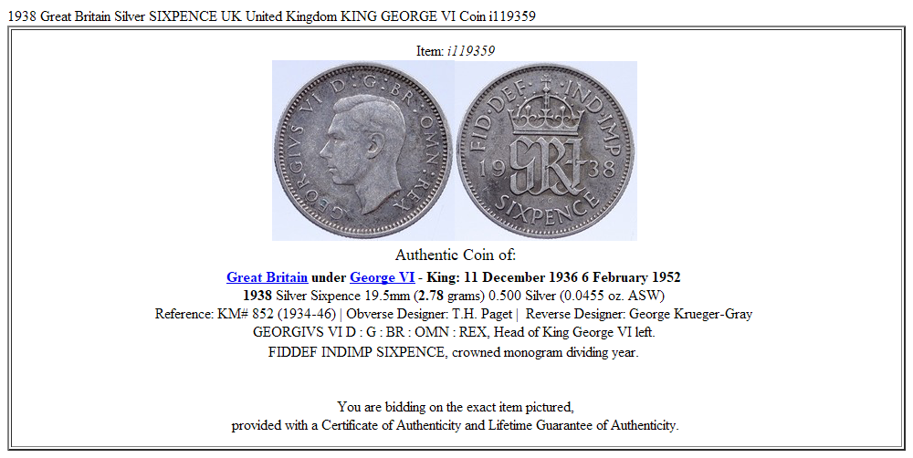 1938 Great Britain Silver SIXPENCE UK United Kingdom KING GEORGE VI Coin i119359