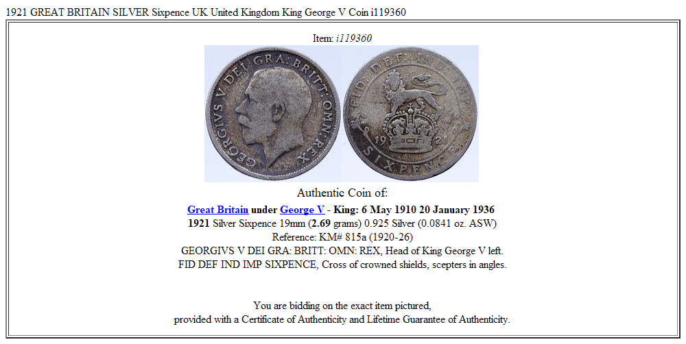 1921 GREAT BRITAIN SILVER Sixpence UK United Kingdom King George V Coin i119360