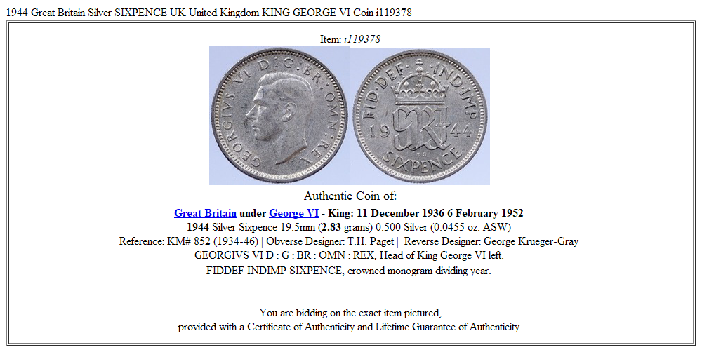 1944 Great Britain Silver SIXPENCE UK United Kingdom KING GEORGE VI Coin i119378