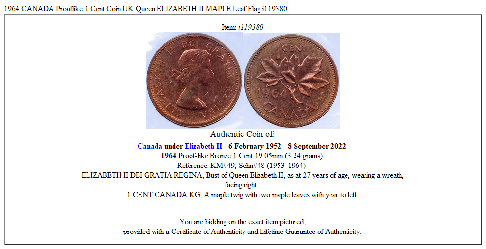 1964 CANADA Prooflike 1 Cent Coin UK Queen ELIZABETH II MAPLE Leaf Flag i119380