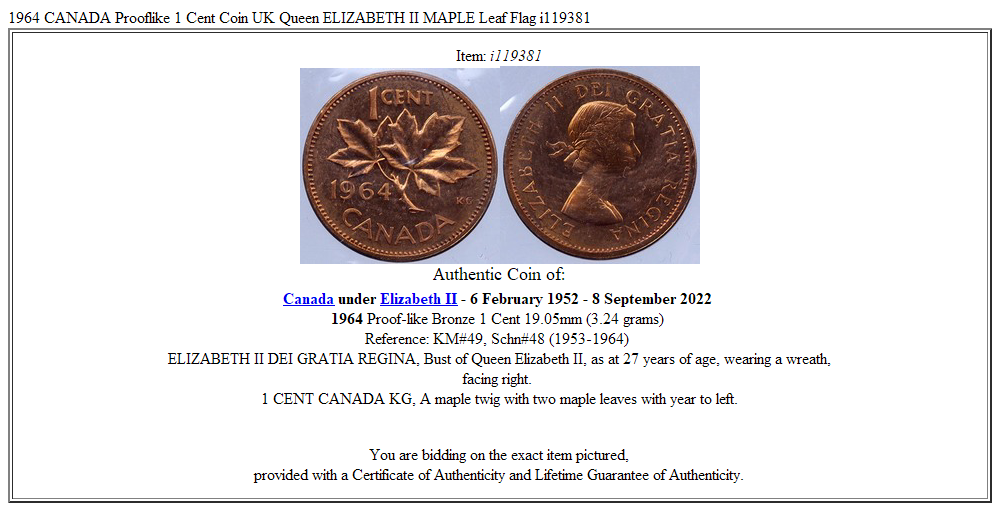 1964 CANADA Prooflike 1 Cent Coin UK Queen ELIZABETH II MAPLE Leaf Flag i119381