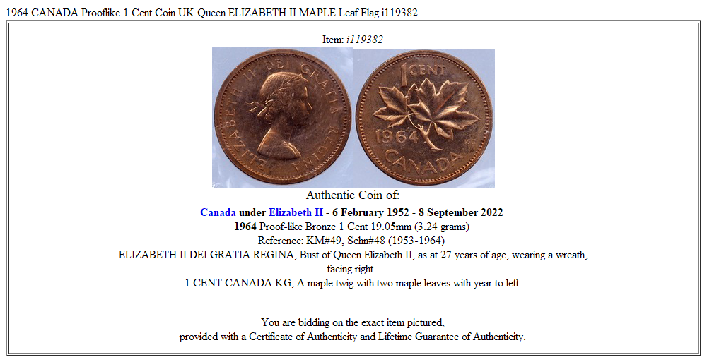 1964 CANADA Prooflike 1 Cent Coin UK Queen ELIZABETH II MAPLE Leaf Flag i119382